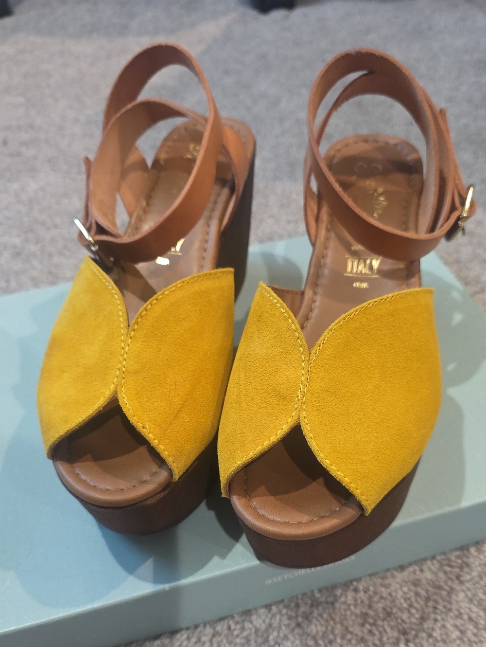 Seychelles Laugh More Yellow Suede Platform Sandals with Ankle Strap